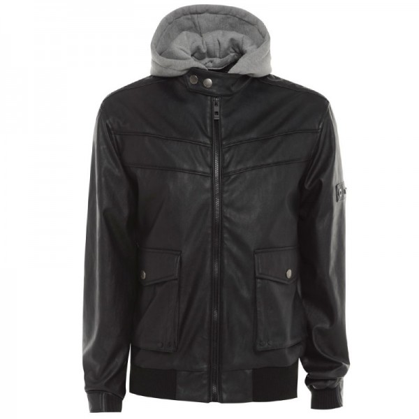  Men’s  Hooded Bomber Leather Jacket 